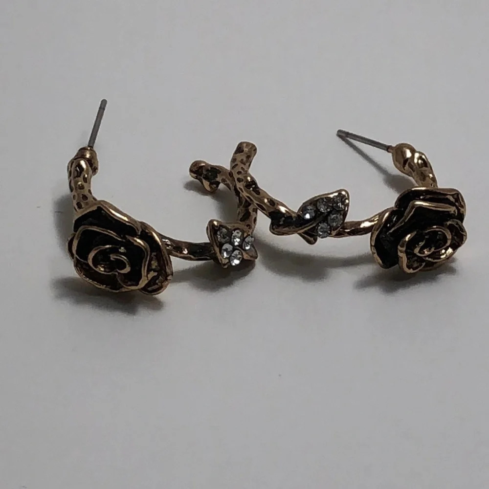 Rose Earrings Hoop Branch Rhinestone Accent Gold Tone Jewelry